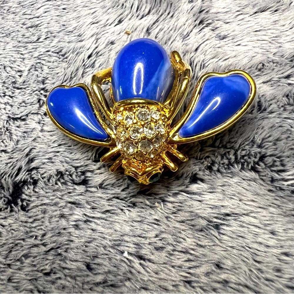 Joan Rivers Blue Lucite Pave Rhinestone Crystals Bee Pin Brooch